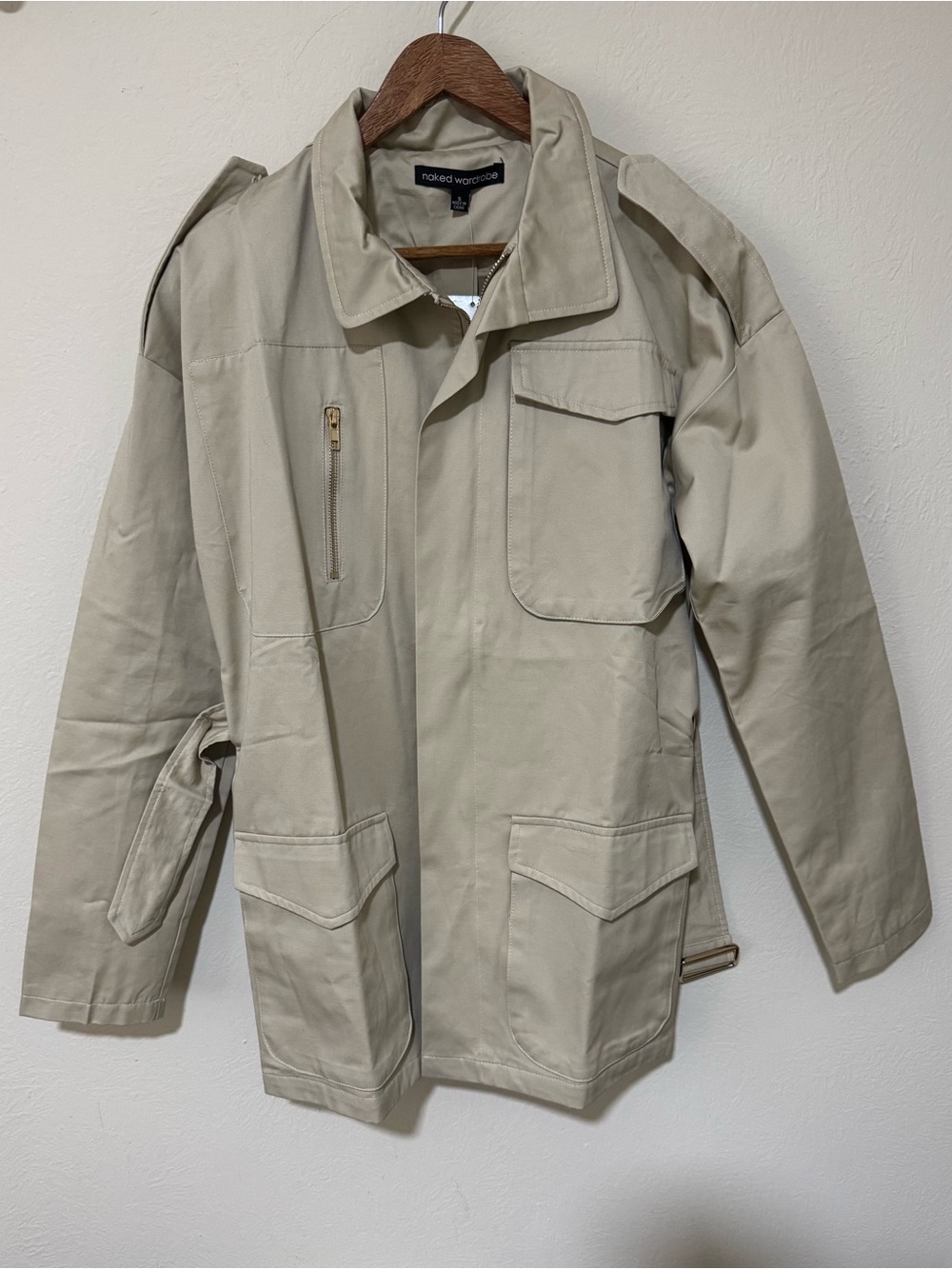NWT Naked wardrobe Beige Military Field Jacket with Epaulets
